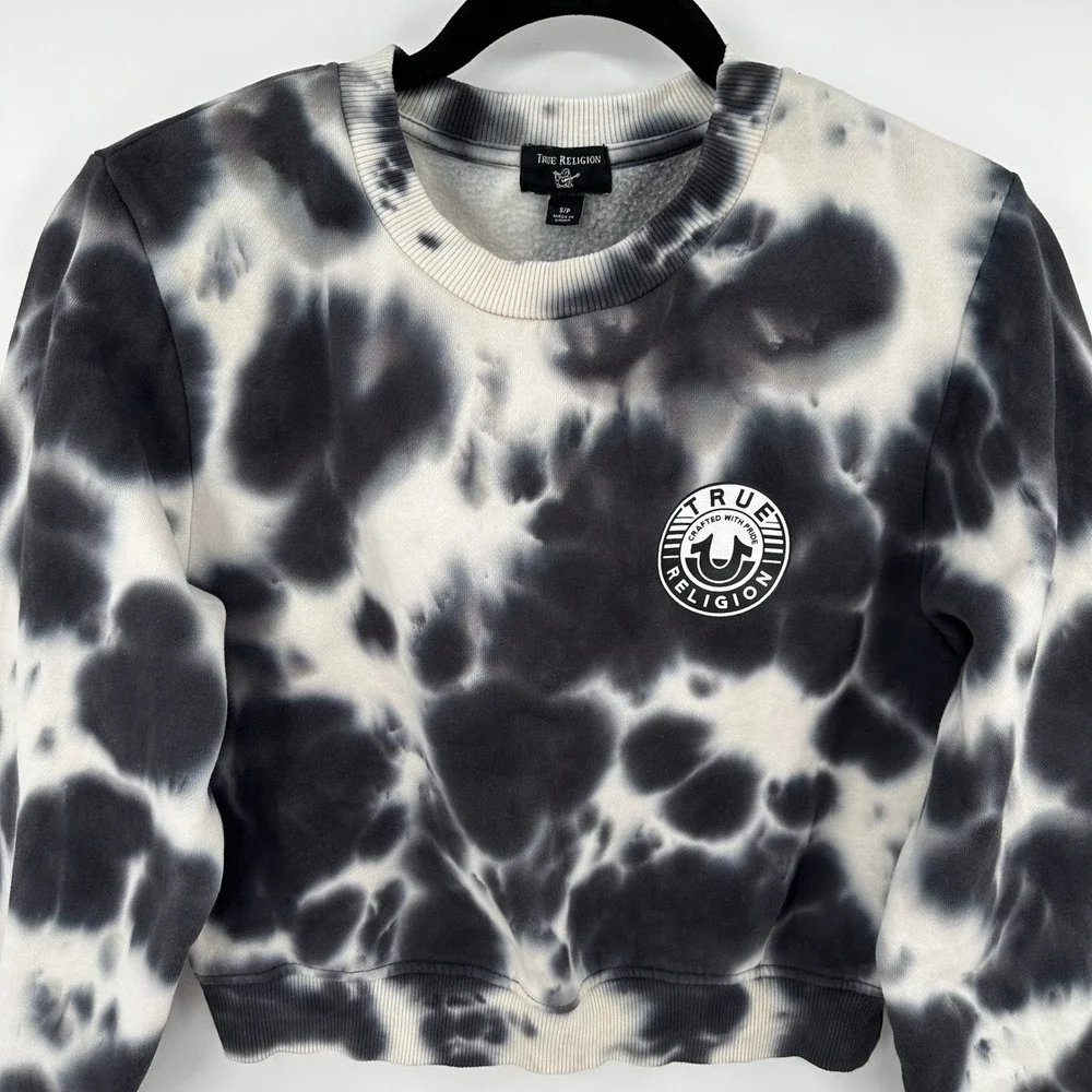 True Religion Tie Dye Cropped Crewneck Sweatshirt Women's Size‎ S/P Black White